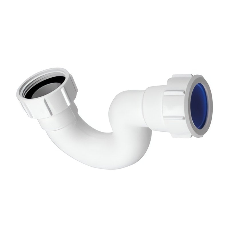 Bidet-Siphon aus weißem Kunststoff, kompakte Bauform, Gewindeanschluss 1 1/4 Zoll, Abgang: 1 1/4 Zoll Quetschverschraubung für Rohre mit Außendurchmesser 32 mm