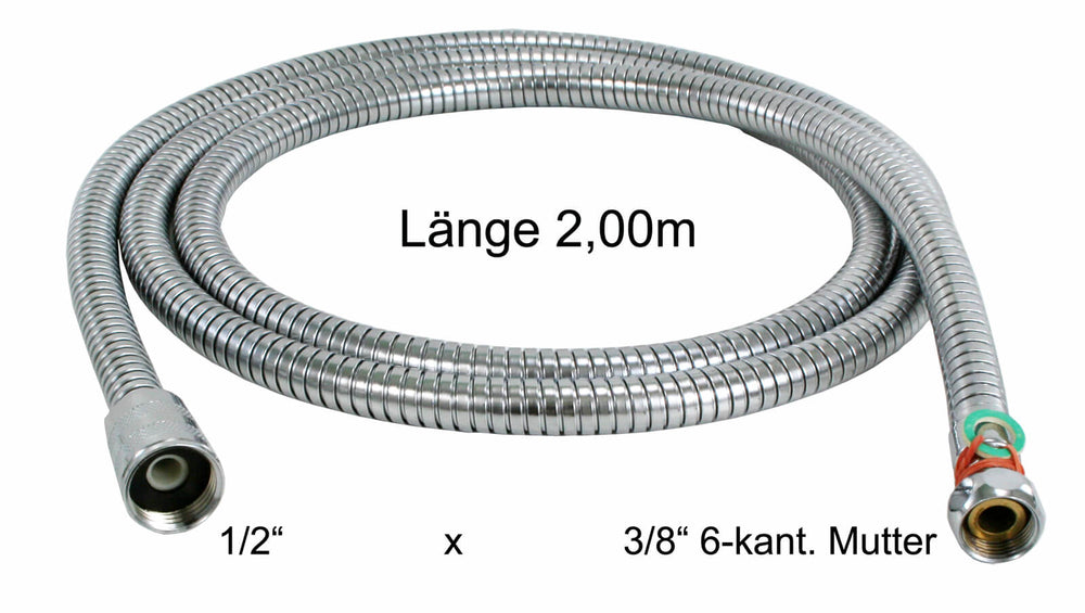 Metall Brauseschlauch 1/2 Zoll auf 3/8 Zoll 6-kant. Mutter, Länge 2,00 m