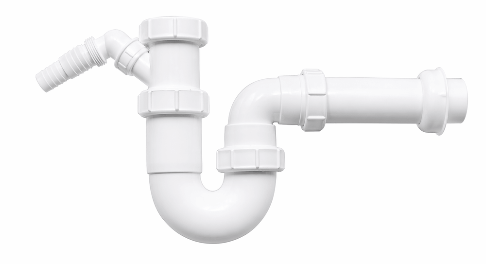 Weißer Kunststoff-Siphon Geruchsverschluss für Waschbecken mit U-förmigem Rohr, seitlichem Geräteanschluss und geradem Abflussrohr Durchmesser 50 mm