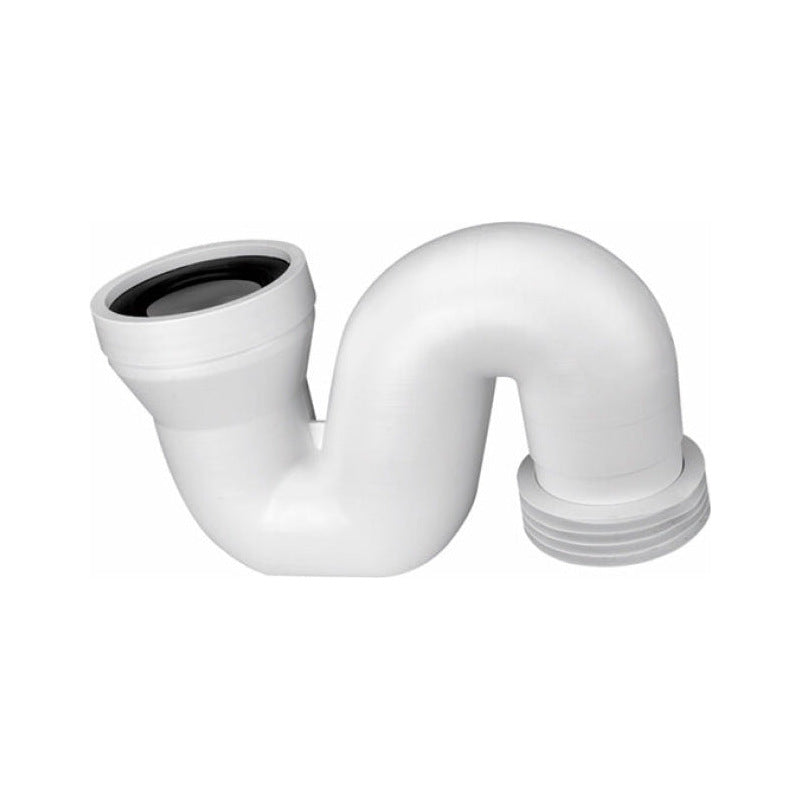 Weißer WC-Anschlusssiphon DN 100 aus Kunststoff mit S-förmiger Rohrführung, mit Steckmuffe und mit geradem Anschlussstück zur Verbindung von Toilette und Abwasserleitung