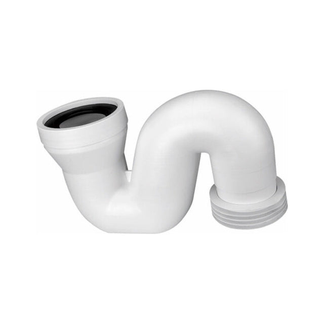 Weißer WC-Anschlusssiphon DN 100 aus Kunststoff mit S-förmiger Rohrführung, mit Steckmuffe und mit geradem Anschlussstück zur Verbindung von Toilette und Abwasserleitung