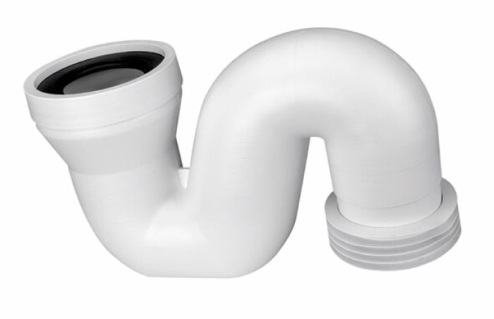 Weißer WC-Anschlusssiphon DN 100 aus Kunststoff mit S-förmiger Rohrführung, mit Steckmuffe und mit geradem Anschlussstück zur Verbindung von Toilette und Abwasserleitung