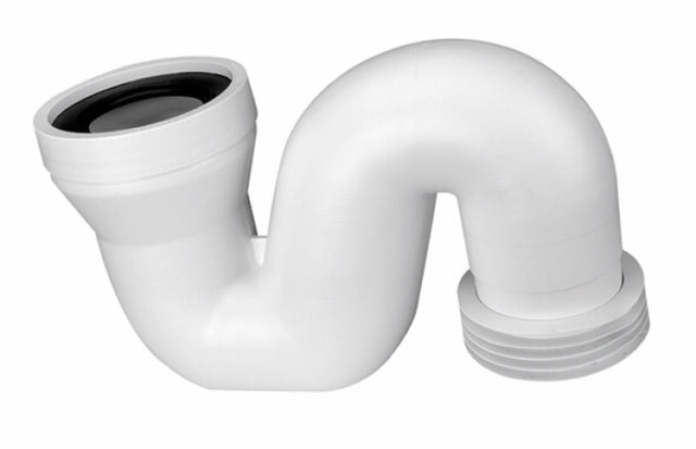 Weißer WC-Anschlusssiphon DN 100 aus Kunststoff mit S-förmiger Rohrführung, mit Steckmuffe und mit geradem Anschlussstück zur Verbindung von Toilette und Abwasserleitung