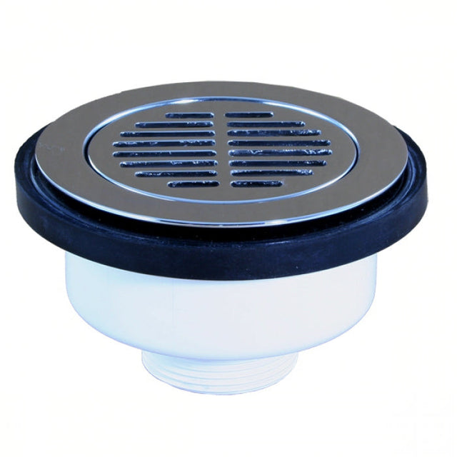 Duschablauf Ø90mm, Flachabdeckung Paralleldesign aus massivem Chrom (Ø112mm), für den barrierefreien Einbau. Lieferung ohne Siphon, Gewinde DN40