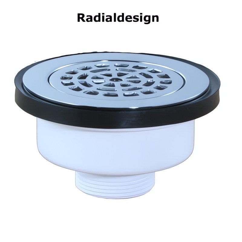 Duschablauf Ø90mm mit radialer Abdeckung aus massivem Chrom (Ø112mm), für den barrierefreien Einbau. Lieferung ohne Siphon, mit Gewinde DN40.