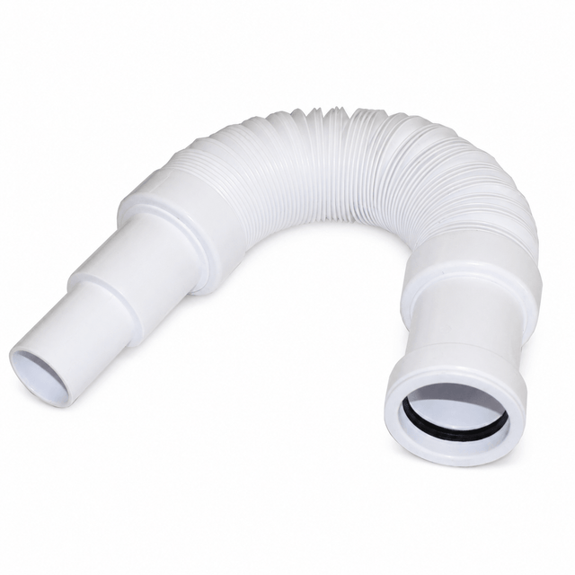 Weißer flexibler Ablaufschlauch für den Sanitärbereich aus Kunststoff, ausziehbar von 350 bis 750, Steckmuffe Ø 50 mm, Abgangsdurchmesser 40/50 mm