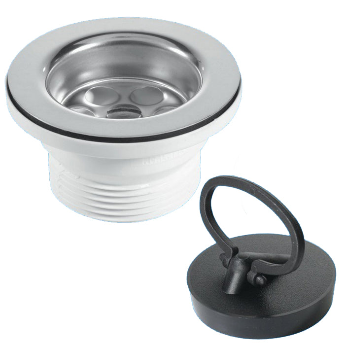 Küchen-Spülen-Ablaufventil mit 60 mm Edelstahl-Sieb, Gewinde 6/4 Zoll (1 1/2 Zoll), inklusive Ventilstopfen, Dichtung und Befestigungsschraube, weißer Kunststoff-Unterbau