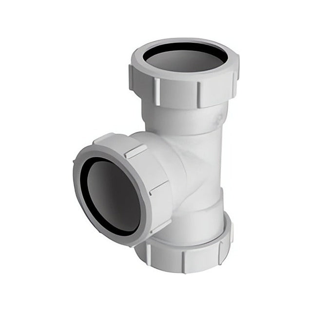 T-Stück Ø50 mm aus weißem Kunststoff mit drei Überwurfmuttern und schwarzen Dichtungen