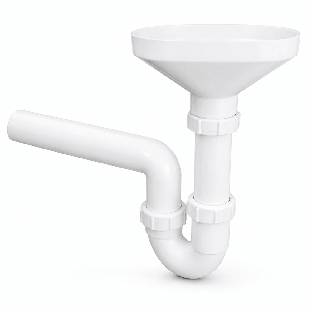 Weißer Tropf-Trichter-Siphon mit 6/4 Zoll Anschluss, Ablaufdurchmesser 40 mm und beiliegendem Befestigungskit für Heizungsmontage