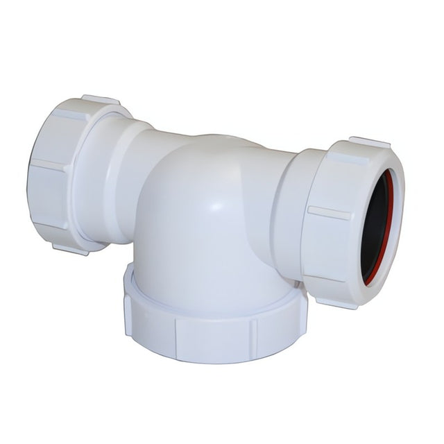 Leitungssiphon DN40 in T-Form mit beidseitigen 1½ Zoll Universalanschlüssen für Abwassersysteme