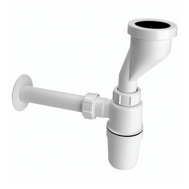 Urinalsiphon mit Versatz aus weißem Kunststoff, Flaschenform, waagerechter Abgang Ø40 mm mit Wandrosette