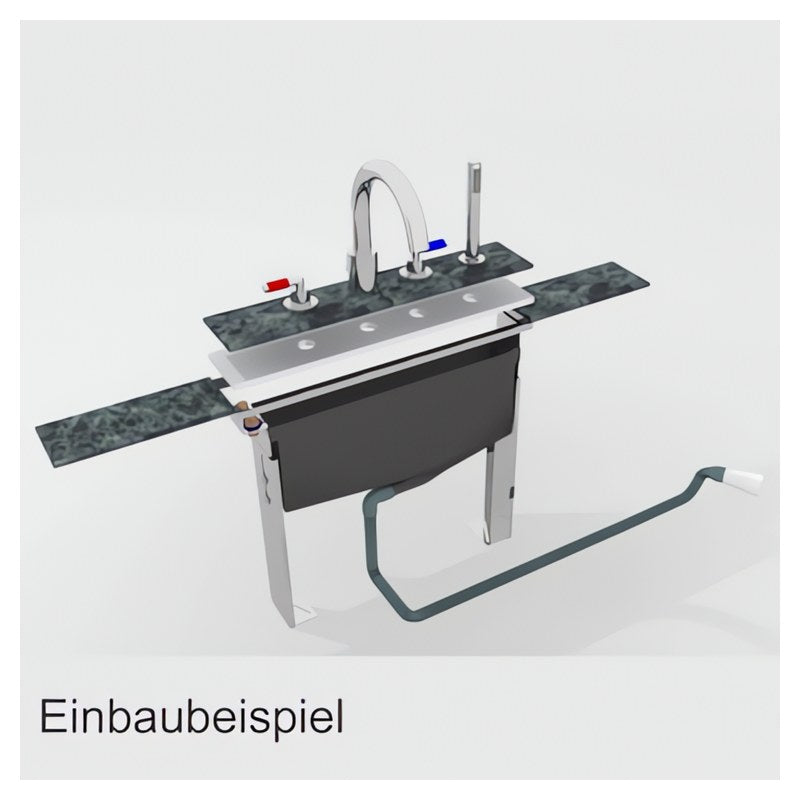 Vormontierter Montageblock für Wannenrandarmaturen mit integriertem Schlauchkasten, verstellbaren Füßen und Armaturenträgerplatte für den Einbau von 2- bis 5-Loch-Armaturen in den Fliesenrand