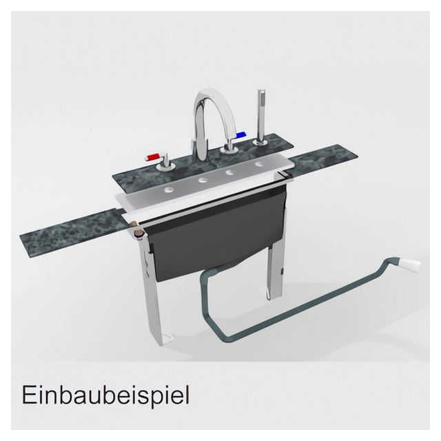 Vormontierter Montageblock für Wannenrandarmaturen mit integriertem Schlauchkasten, verstellbaren Füßen und Armaturenträgerplatte für den Einbau von 2- bis 5-Loch-Armaturen in den Fliesenrand