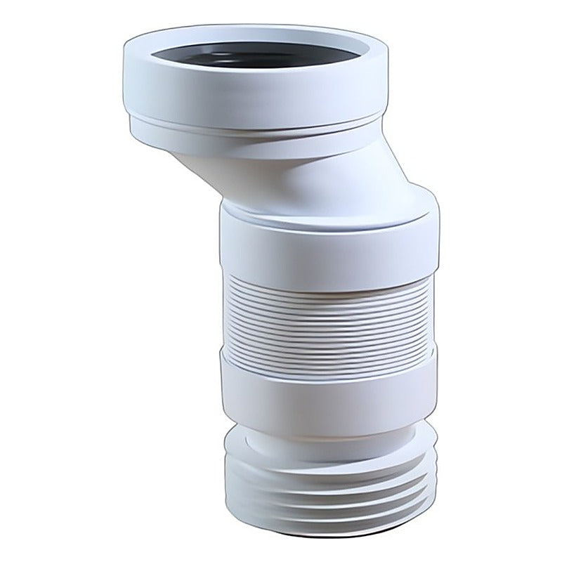 Flexibler WC-Anschluss aus weißem PP mit 40 mm Versatz, Abgang Ø90 mm und DN-100-Rohranschluss mit Lamellendichtung für Abwasserrohre