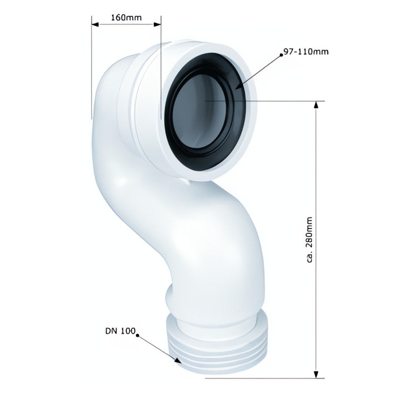 WC-Anschluss-Siphon Rohr Ø90 mm, DN 100 mit Lamellendichtung, Weiß, für WC-Abwasseranschluss