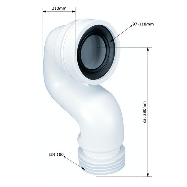 Foto des WC-Anschlussstutzens DN100, Rohr Ø90 mm aus Polypropylen in Farbe Weiß mit 50 mm Wasserverschluss, Ansicht des Produkts für den Sanitäranschluss