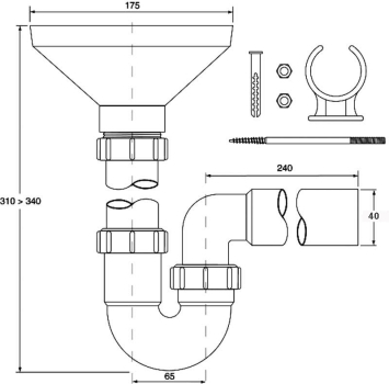 Preview: Trichter Sifon Ø40 mit Befestigung für die Heizungsmontage