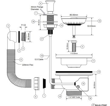 Preview: Spülenventil m. Bowdenzug und Überlauf Ø114mm, 6/4", Druck-Zug-Funktion Preview: Technische Zeichnung des McAlpine Spülenventils HC161PP-FS mit Exzenterbedienung, Überlauf und flexiblem Anschlussrohr. Das Bild zeigt alle Einzelteile mit Maßangaben, darunter Siebkorb, Drehknopf, Dichtungen, Bowdenzug, Überlaufrohr und 1½-Zoll-Ausgang.