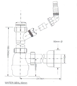 Preview: Technische Zeichnung des McAlpine Flaschensiphon 1 1/2 Zoll mit Geräte Anschluss. Dargestellt sind die Abmessungen des weißen Kunststoff-Geruchsverschlusses mit Details zur verstellbaren Höhe und dem Abgangsdurchmesser von 40 mm