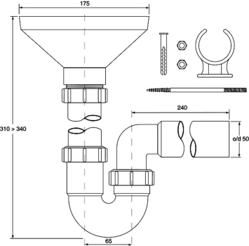Preview: Trichter Sifon Ø50 mit Befestigung für die Heizungsmontage