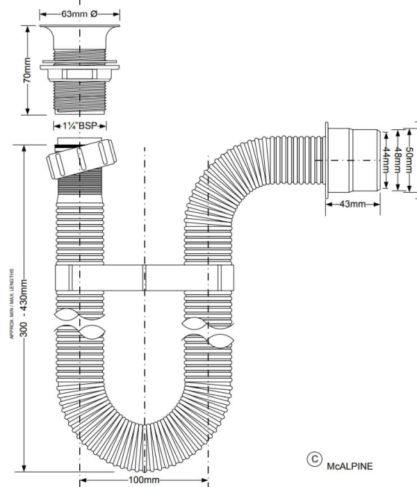 Flexible Siphon aus Kunststoff mit Ablaufgarnutur