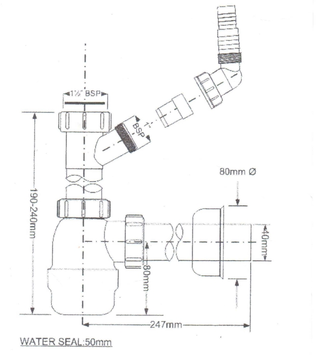 Technische Zeichnung des McAlpine Flaschensiphon 1 1/2 Zoll mit Geräte Anschluss. Dargestellt sind die Abmessungen des weißen Kunststoff-Geruchsverschlusses mit Details zur verstellbaren Höhe und dem Abgangsdurchmesser von 40 mm
