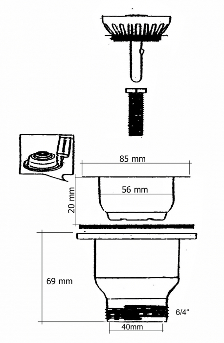 Spülen Einbau Korbventil Ø70/85 mm, Gewinde 6/4 Zoll