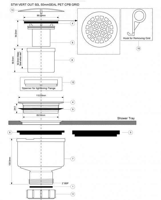 Duschablauf Ø90, Bauhöhe 90mm Abgang senkrecht