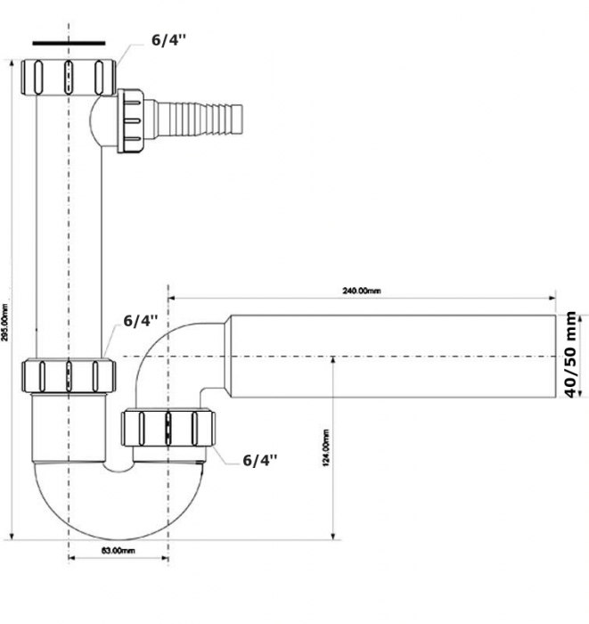 Spülensifon mit Geräteanschluss 6/4 Zoll, Abgang Ø40/50mm