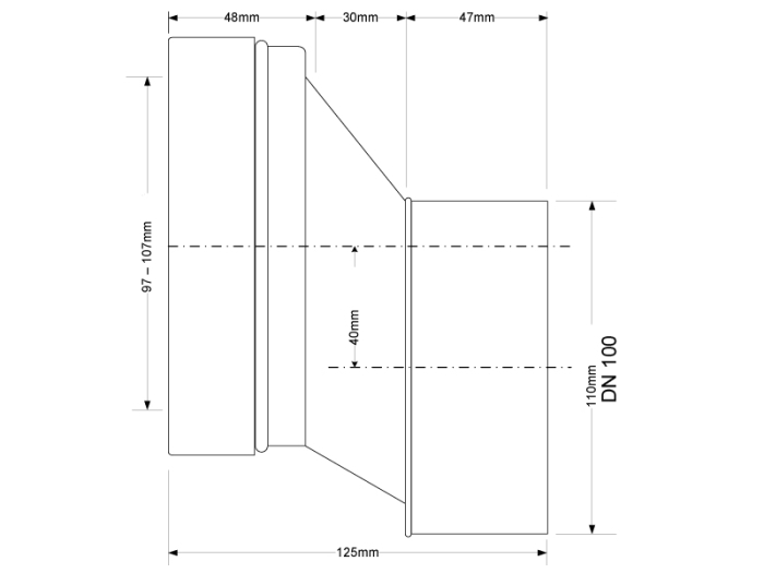 WC Anschluss 40 mm Versatz Ø110 / DN100 L=120