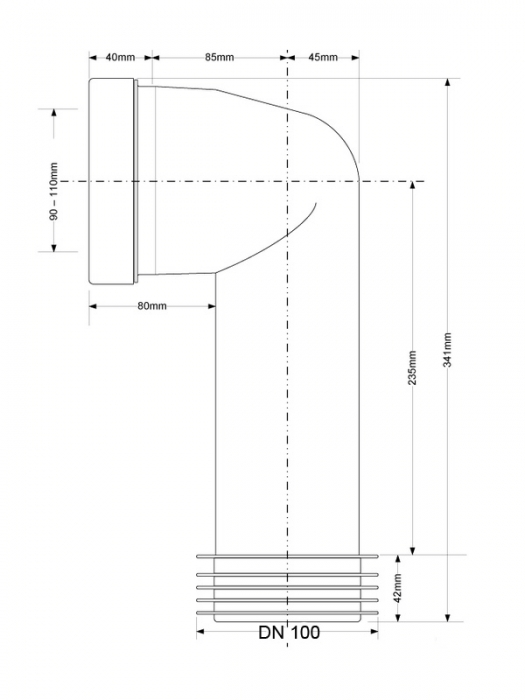 WC Anschlussbogen Ø90 / 110, DN100, L=285 mm